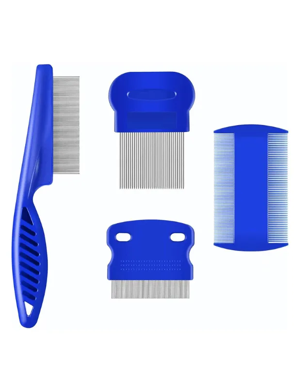 4-piece blue grooming comb set for Maltese dogs, including flea comb, detangling comb, and finishing combs with stainless steel teeth for removing knots, debris, and fleas.