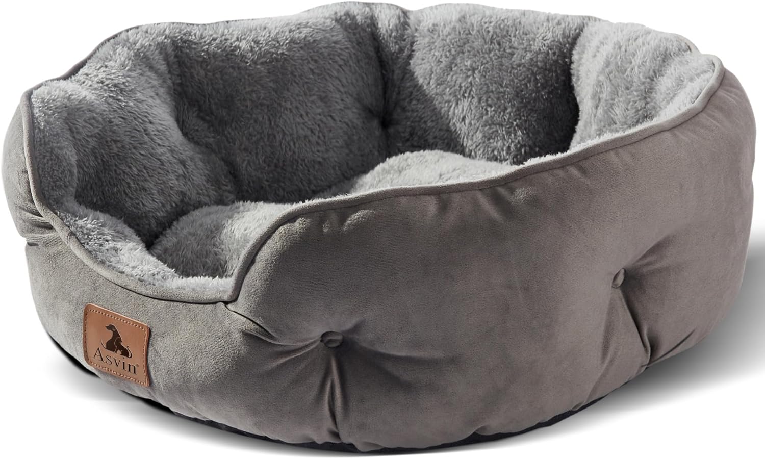 Soft round pet bed with plush interior and supportive raised sides, designed for comfort and security for small dogs.
