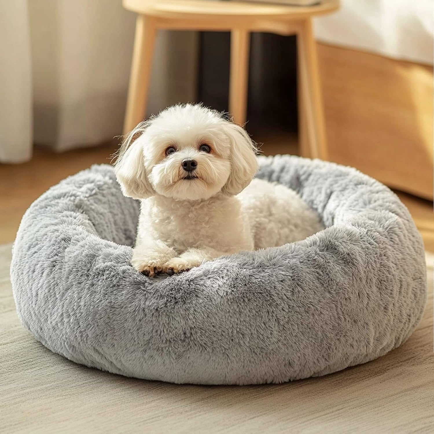 Fluffy white Maltese dog resting in a soft grey round pet bed, showcasing comfort and security for small dogs.