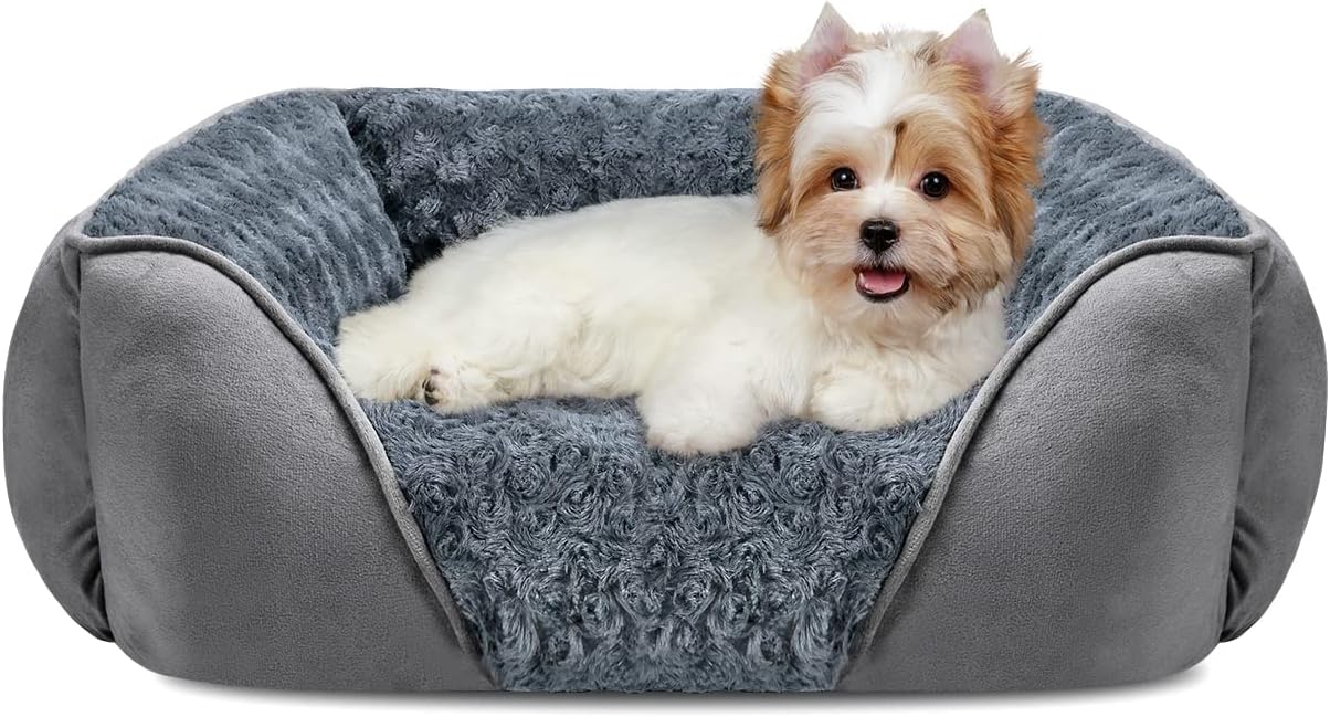 Orthopedic dog bed for small dogs, featuring raised edges for security, soft faux fur and suede finish, and a Maltese dog comfortably resting inside.