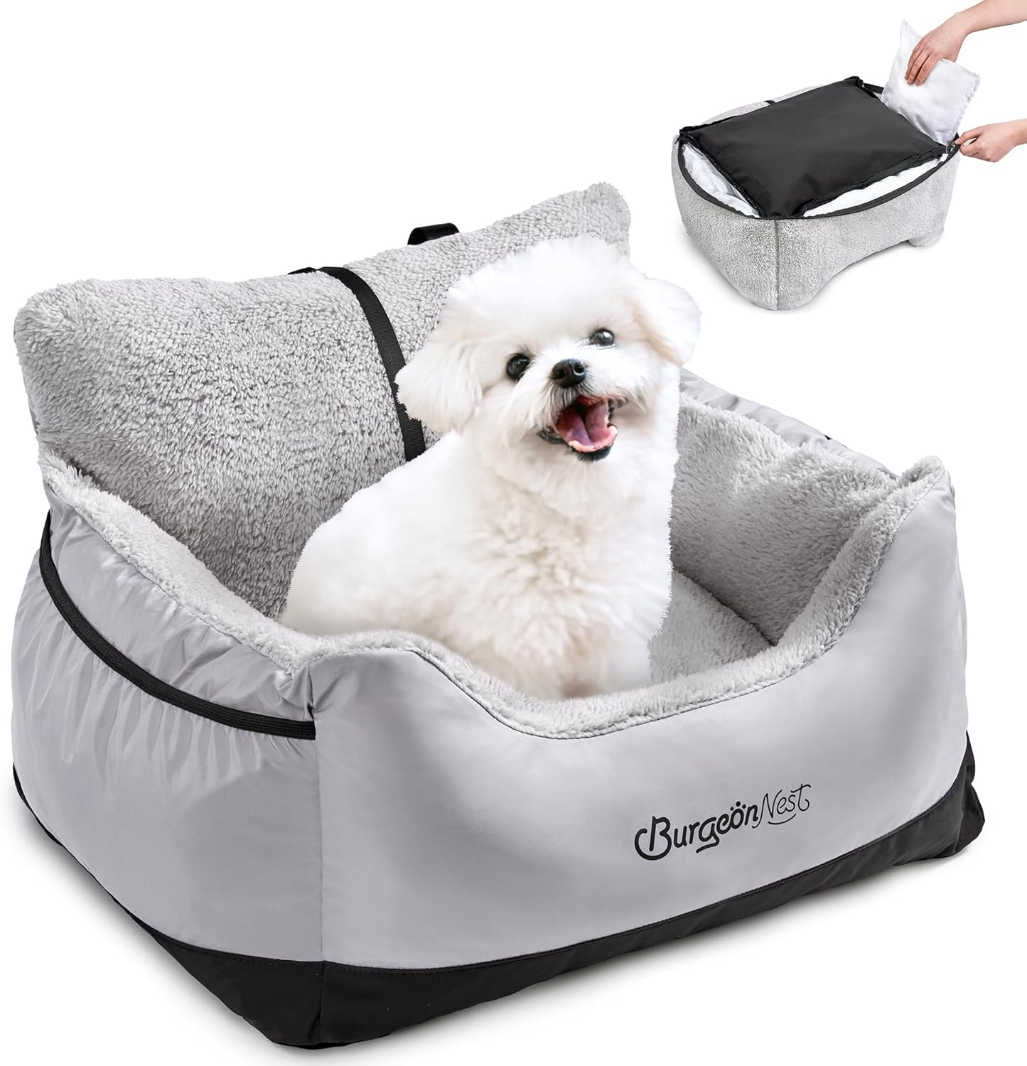 Orthopaedic dog bed with raised edges, soft faux fur, and removable cushion, featuring a Maltese dog comfortably resting inside.