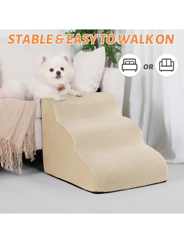 Stable and easy-to-walk-on pet stairs with a soft, high-rebound foam design, featuring a small dog comfortably sitting on the steps, ideal for helping small dogs reach elevated surfaces like sofas or beds.