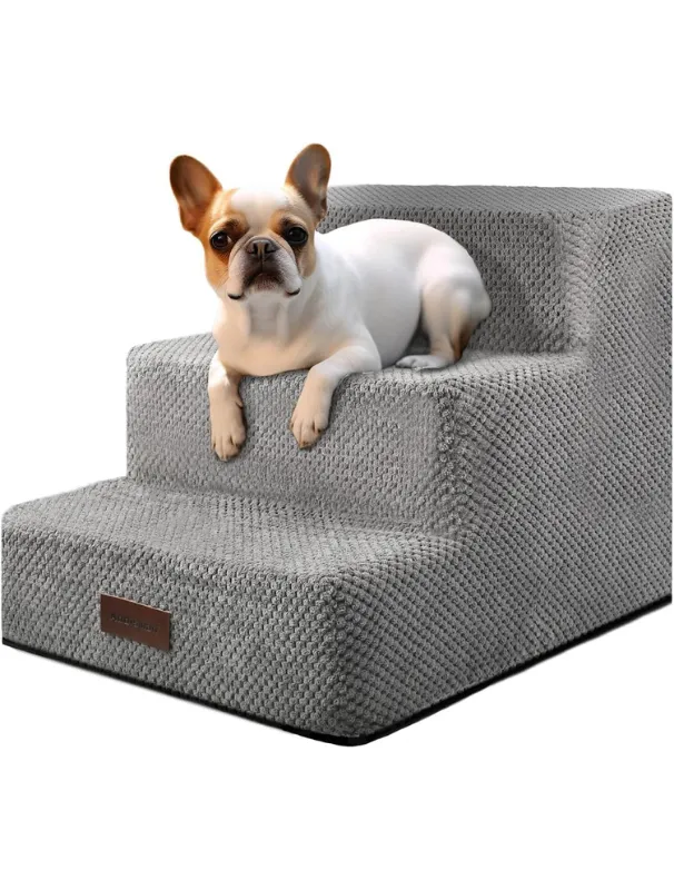 Curved dog stairs with high-density foam, featuring a small dog relaxing on the steps, emphasizing non-slip safety and comfortable access for small breeds.