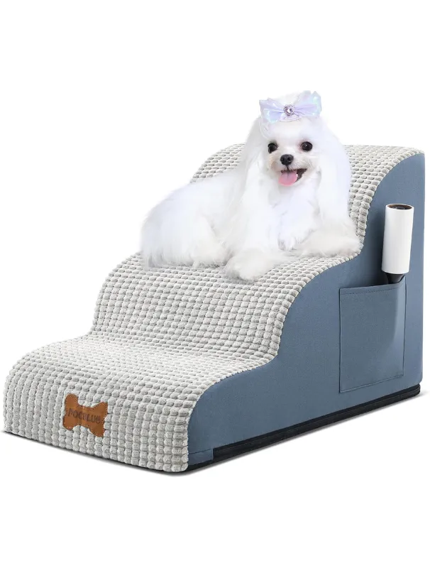 Dog stairs designed for small breeds, featuring a soft, cushioned surface, non-slip base, and a small dog sitting on top, ideal for providing safe access to elevated surfaces.
