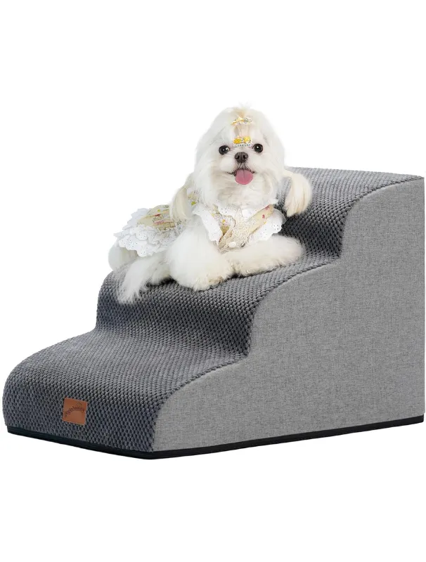 Small dog resting on stylish gray ramp, designed for easy access to furniture, featuring a soft texture and sturdy construction for comfort and safety.