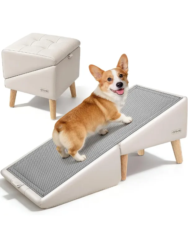 Corgi on a non-slip ramp-style dog stairs, alongside a stylish ottoman, designed for small dogs to access elevated surfaces comfortably and safely.
