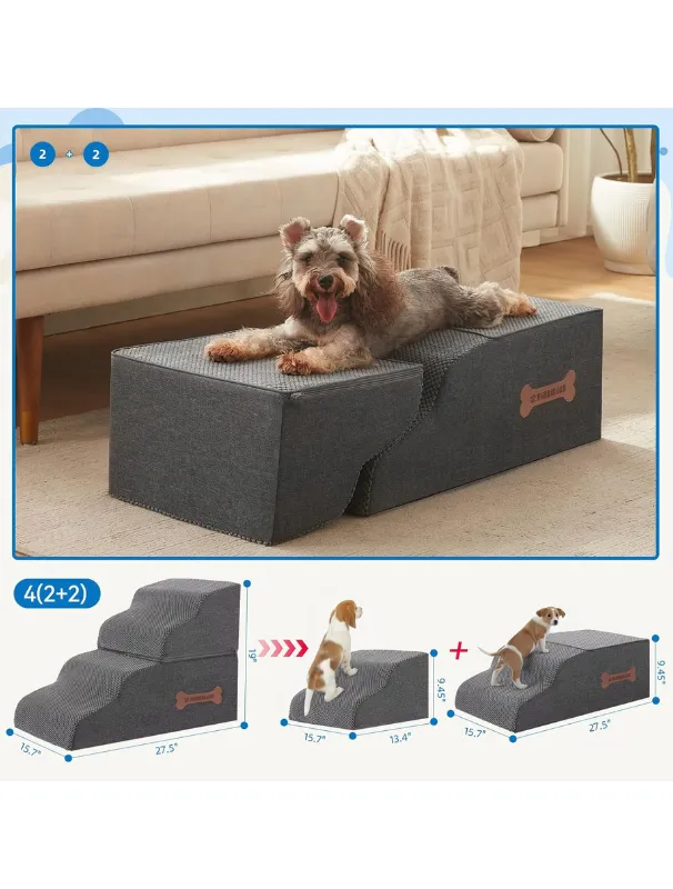 Dog resting on adjustable pet stairs with a cozy, non-slip surface, designed for small breeds to easily reach higher spaces like sofas and beds.
