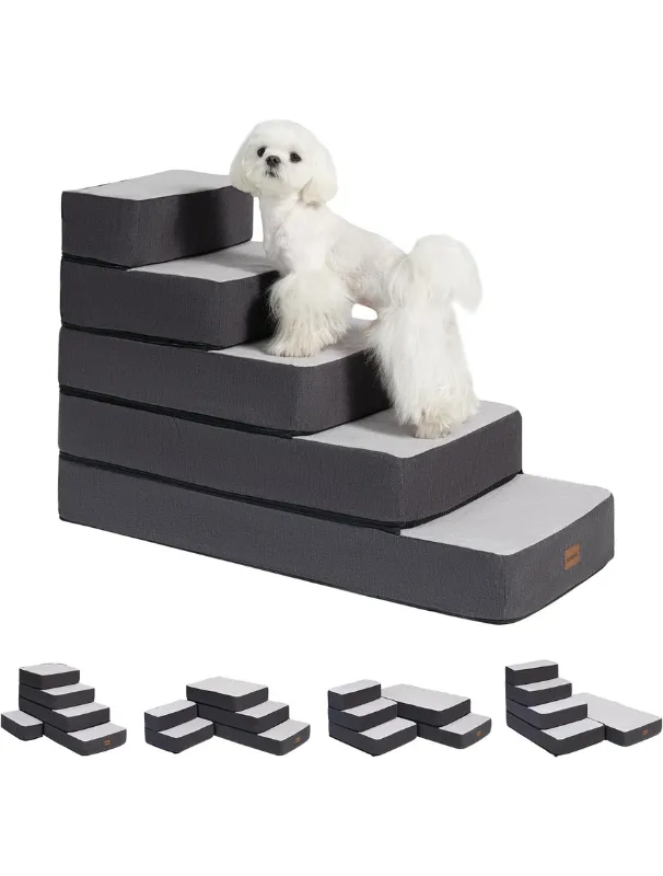 Small white dog on adjustable multi-level pet stairs, designed for small breeds, featuring non-slip surfaces and stable high-density foam, suitable for reaching elevated areas like sofas and beds.