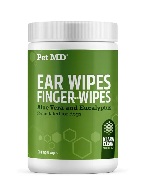 Ear cleaning wipes for dogs, featuring Aloe Vera and Eucalyptus, in a green container labeled "Pet MD Ear Wipes Finger Wipes," designed for gentle ear hygiene in Maltese dogs.