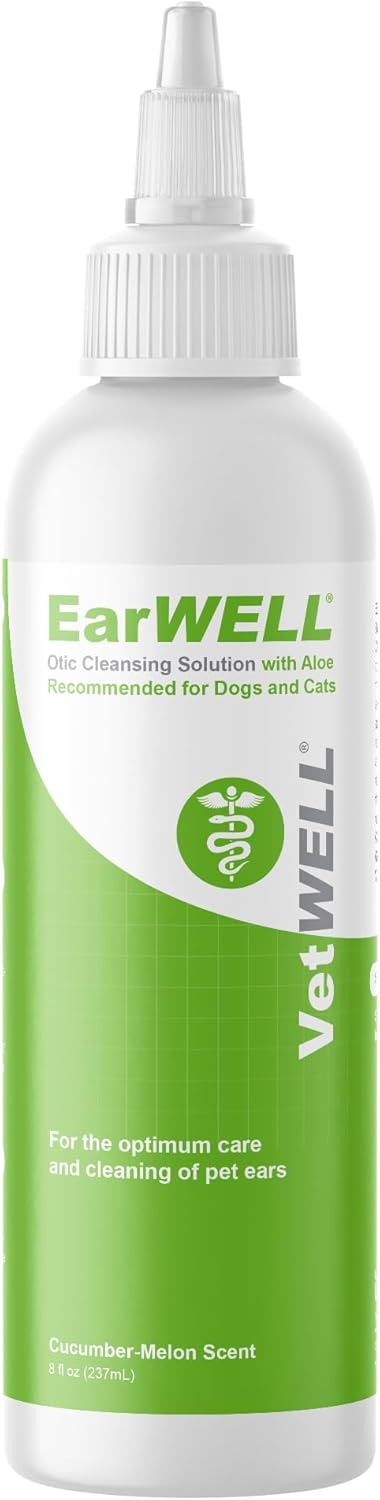Ear cleaning solution bottle labeled "EarWELL" for dogs and cats, featuring a cucumber-melon scent, promoting optimal ear care and hygiene for small pets like Maltese dogs.