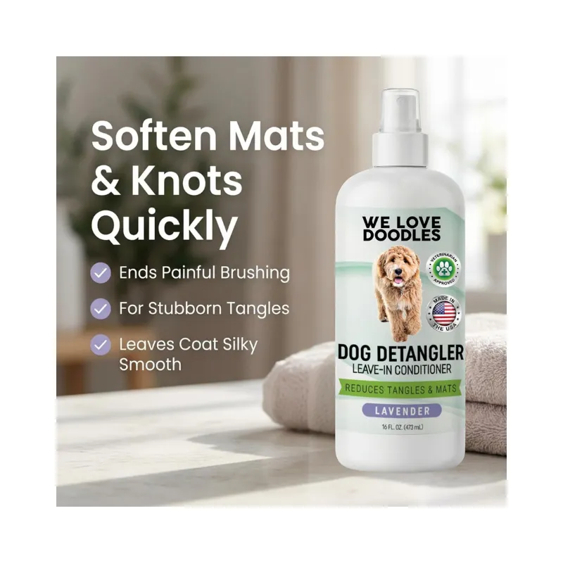 Dog detangler spray bottle with lavender scent, promoting smooth fur and easy detangling for Maltese dogs, featuring text about reducing mats and knots quickly.