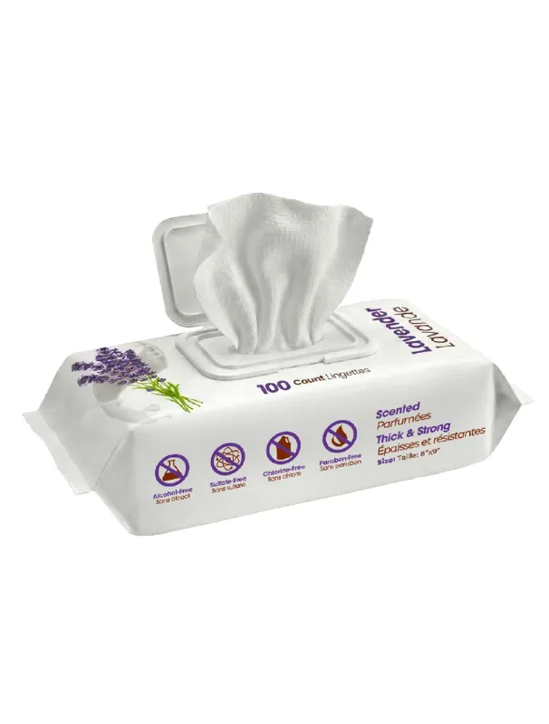 Lavender-scented grooming wipes in a 100-count pack, designed for gentle cleaning of small dog coats, emphasizing convenience and skin safety.