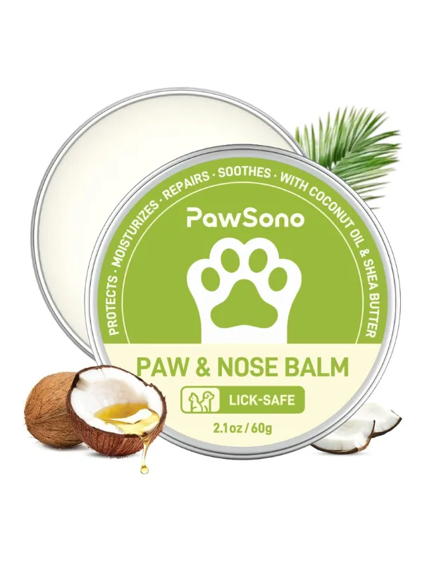 Paw and nose balm in a round tin with coconut oil and shea butter, promoting protection and moisture for sensitive dog paws.