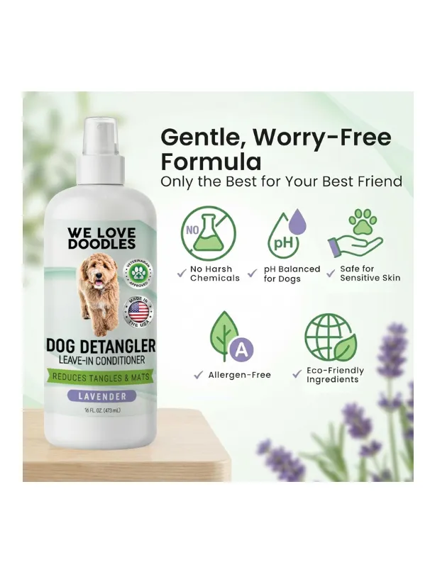 Dog detangler spray bottle labeled "We Love Doodles," featuring a gentle formula for Maltese grooming, highlighting benefits like reducing tangles, pH balanced, allergen-free, and eco-friendly ingredients, with lavender scent.