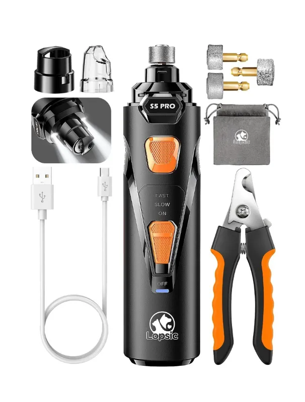 Dog nail clippers and electric nail grinder set, featuring S5 Pro device with adjustable speed settings, charging cable, and accessories for safe grooming of small breeds like Maltese.