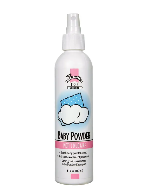 Baby Powder pet cologne spray bottle, featuring a fresh baby powder scent and designed to control pet odors, ideal for maintaining a clean and pleasant fragrance for Maltese dogs.
