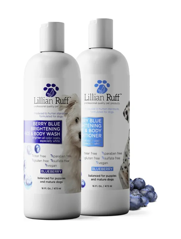 Brightening shampoo and conditioner for dogs, featuring Lillian Ruff branding, designed for enhancing coat brightness, especially for Maltese dogs, with tear-free and vegan formulas.