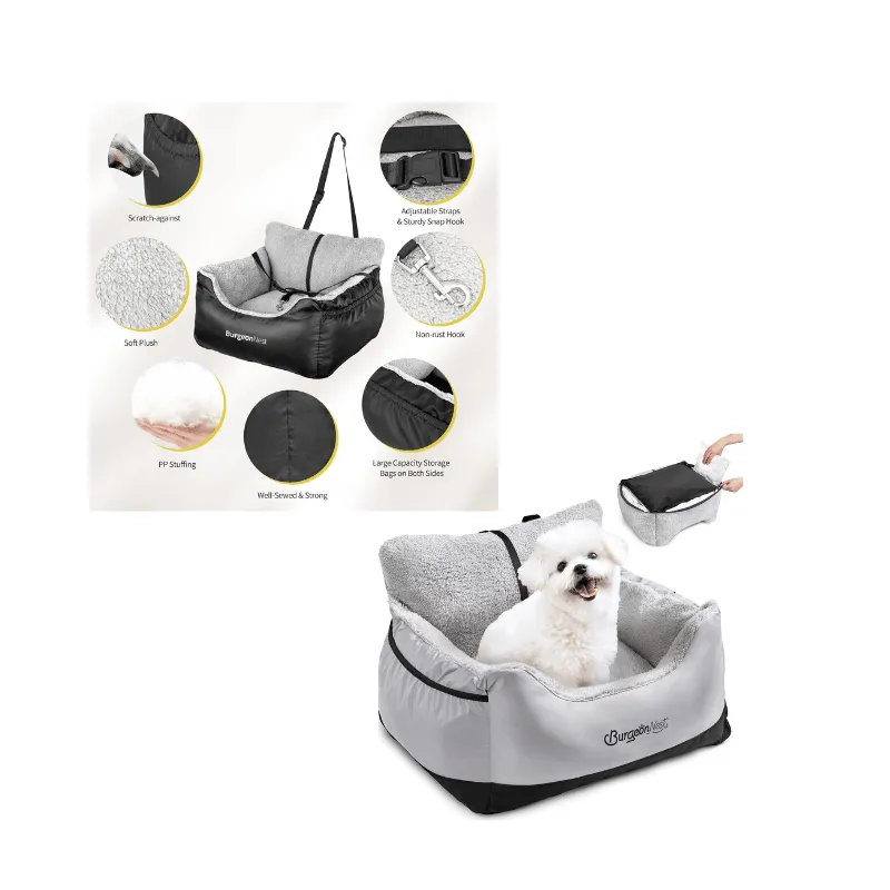 Maltese dog sitting in a plush dog car seat with adjustable straps, showcasing features like storage bags and soft stuffing, emphasizing comfort and security for travel.
