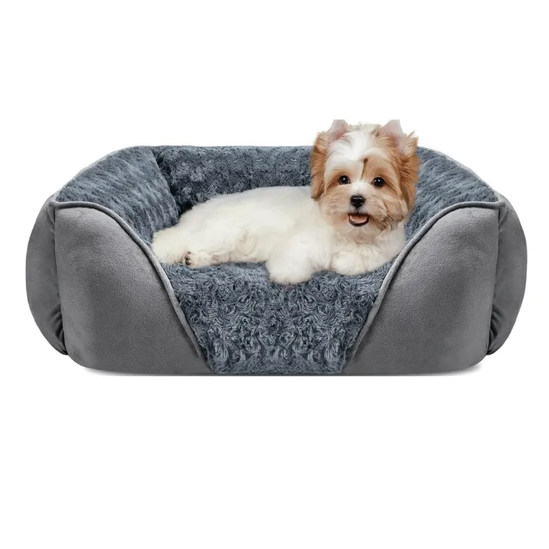 Maltese dog resting comfortably in an orthopedic bed with plush cushioning, designed for small dogs to enhance comfort and support.