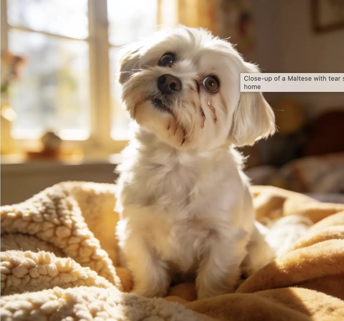 Maltese dog sitting with tear stains