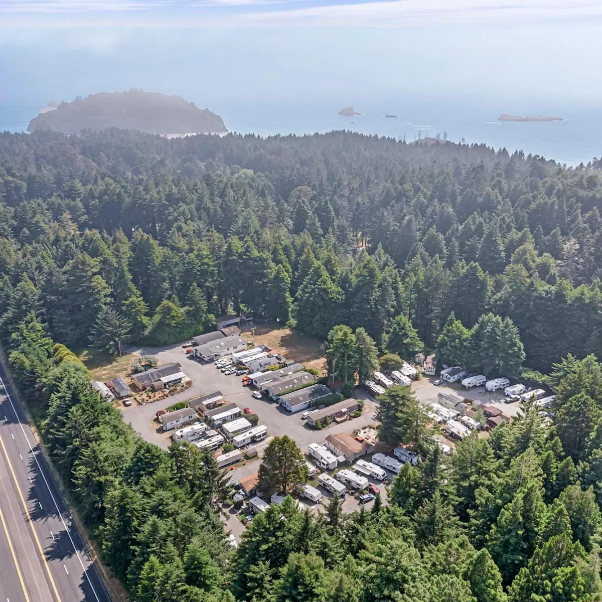 Aerial view of Possum Kingdom RV Resort showing RV sites along Possum Kingdom Lake