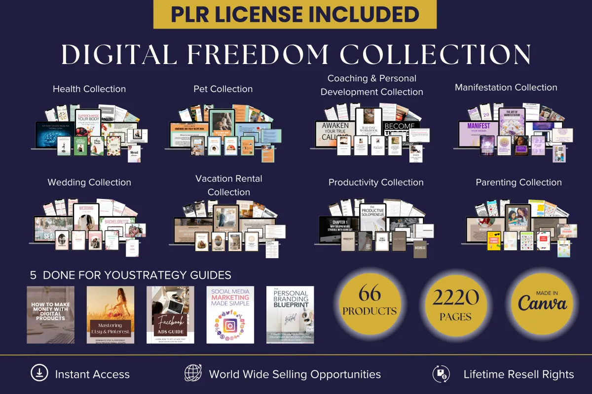 Digital Freedom Collection – 66 PLR digital products across 8 niches: health, pet, coaching, manifestation, wedding, vacation rental, productivity, and parenting. Includes 5 done-for-you strategy guides. 2,220 pages, editable in Canva, with lifetime resell rights.