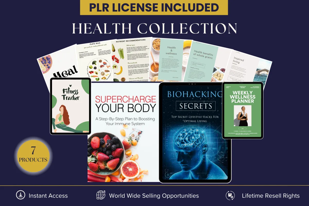 PLR Health Collection - 7 digital products for health coaches, includinga healthy lifestyle ebook, meal planner, weekly wellness planner, fitness tracker template, colorful healthy diet meal planner, bio-hacking secrets and supercharge your body ebook. Instant access with lifetime resell rights.