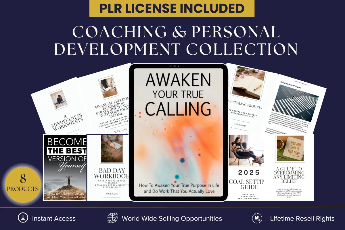 PLR Coaching & Personal Development Collection- 8 digital products for life coaches, mindset coaches and personal development coaches, including a financial freedom roadmap, 8 mindfuness worksheets, overcome any limiting belief workbook, goal setting guide, bad day workook, journalling prompts, become the best version of yourself ebook and awaken your true calling ebook. Instant access with lifetime resell rights.