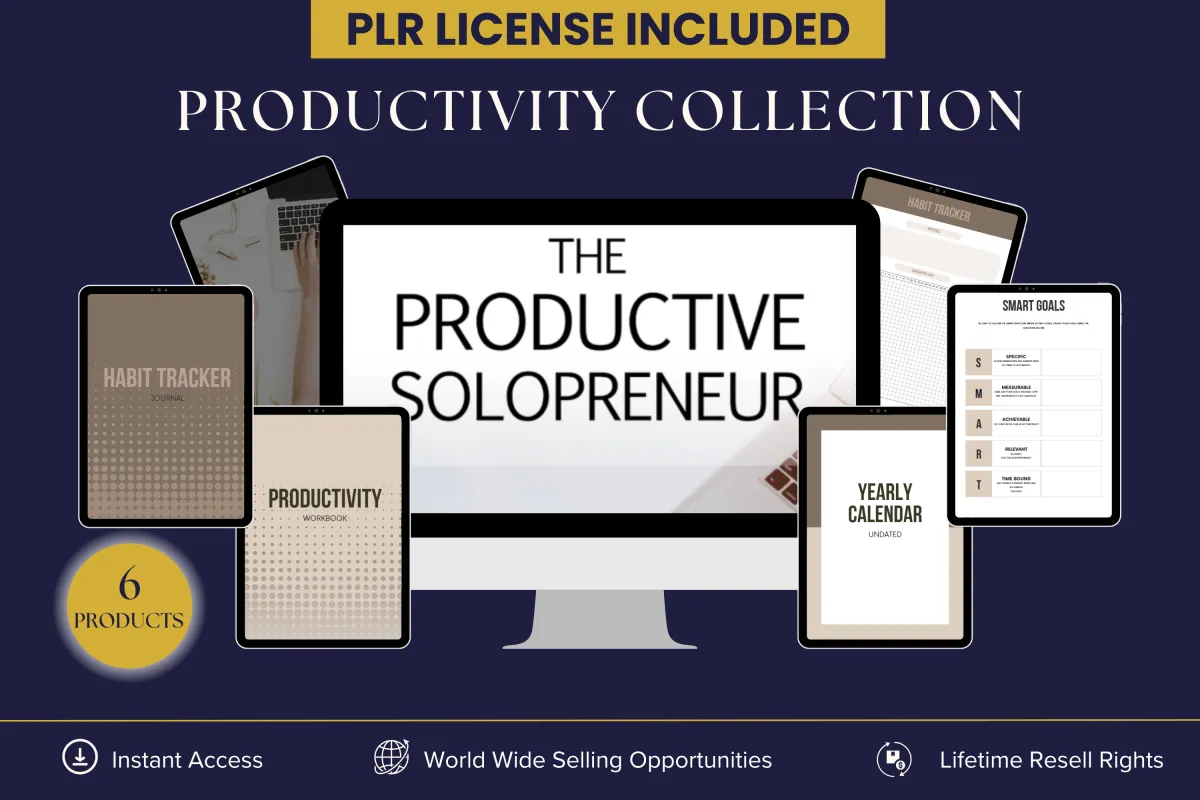 PLR Productivity Collection - 6 digital products for affiliate marketers, digital marketers, entrepreneurs and digital ceos, including a business owner planner, yearly calendar undated, life planner, habit trackers, productivity workook and the productive soloreneur ebook. Instant access with lifetime resell rights.