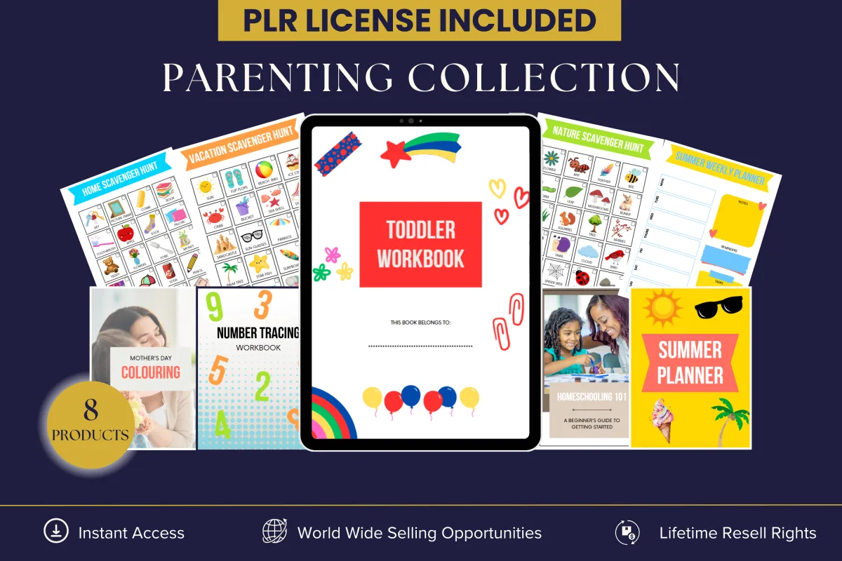 PLR Parenting Collection – 8 digital products for parents, including a toddler workbook, scavenger hunts, summer planner, number tracing, homeschooling guide, and coloring pages. Instant access with lifetime resell rights.