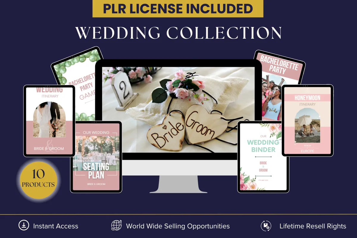 PLR Wedding Collection - 10 digial products for brides, including a wedding planner, honeymoon itinerary, wedding binder, wedding invitations, bachelorette party itinerary, seating plan, bachelorette party games, wedding itinerary and 50 essential tips for a stress free wedding day. Instant access with lifetime resell rights.