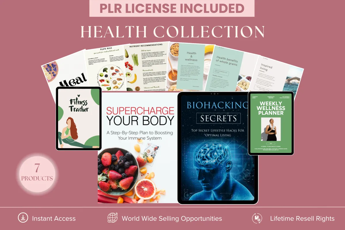 PLR Health Collection - 7 digital products for health coaches, includinga healthy lifestyle ebook, meal planner, weekly wellness planner, fitness tracker template, colorful healthy diet meal planner, bio-hacking secrets and supercharge your body ebook. Instant access with lifetime resell rights.