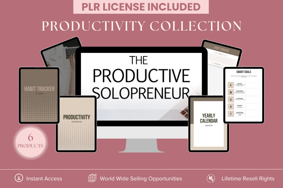 PLR Productivity Collection - 6 digital products for affiliate marketers, digital marketers, entrepreneurs and digital ceos, including a business owner planner, yearly calendar undated, life planner, habit trackers, productivity workook and the productive soloreneur ebook. Instant access with lifetime resell rights.
