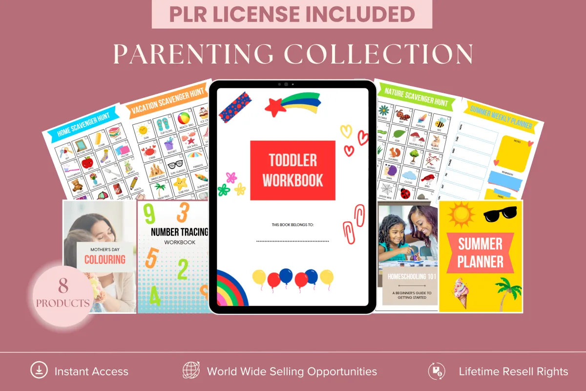 PLR Parenting Collection – 8 digital products for parents, including a toddler workbook, scavenger hunts, summer planner, number tracing, homeschooling guide, and coloring pages. Instant access with lifetime resell rights.