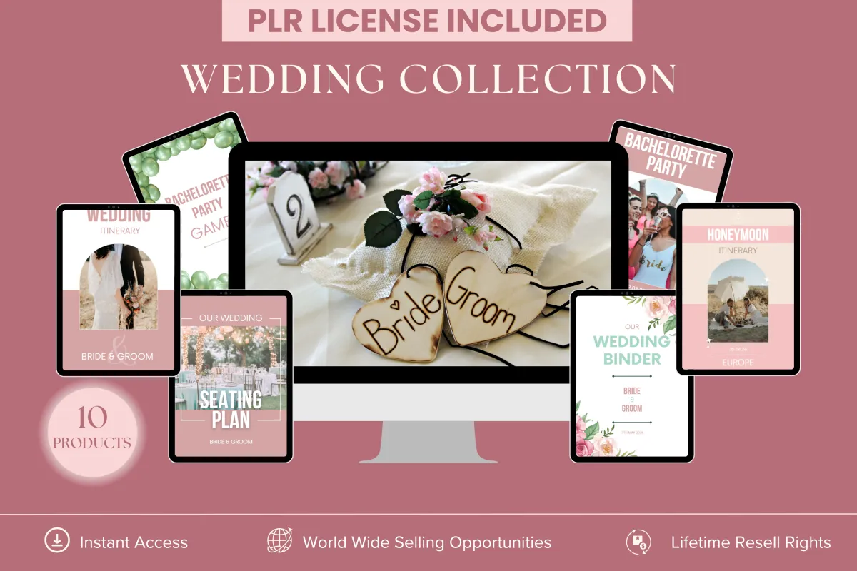 PLR Wedding Collection - 10 digial products for brides, including a wedding planner, honeymoon itinerary, wedding binder, wedding invitations, bachelorette party itinerary, seating plan, bachelorette party games, wedding itinerary and 50 essential tips for a stress free wedding day. Instant access with lifetime resell rights.