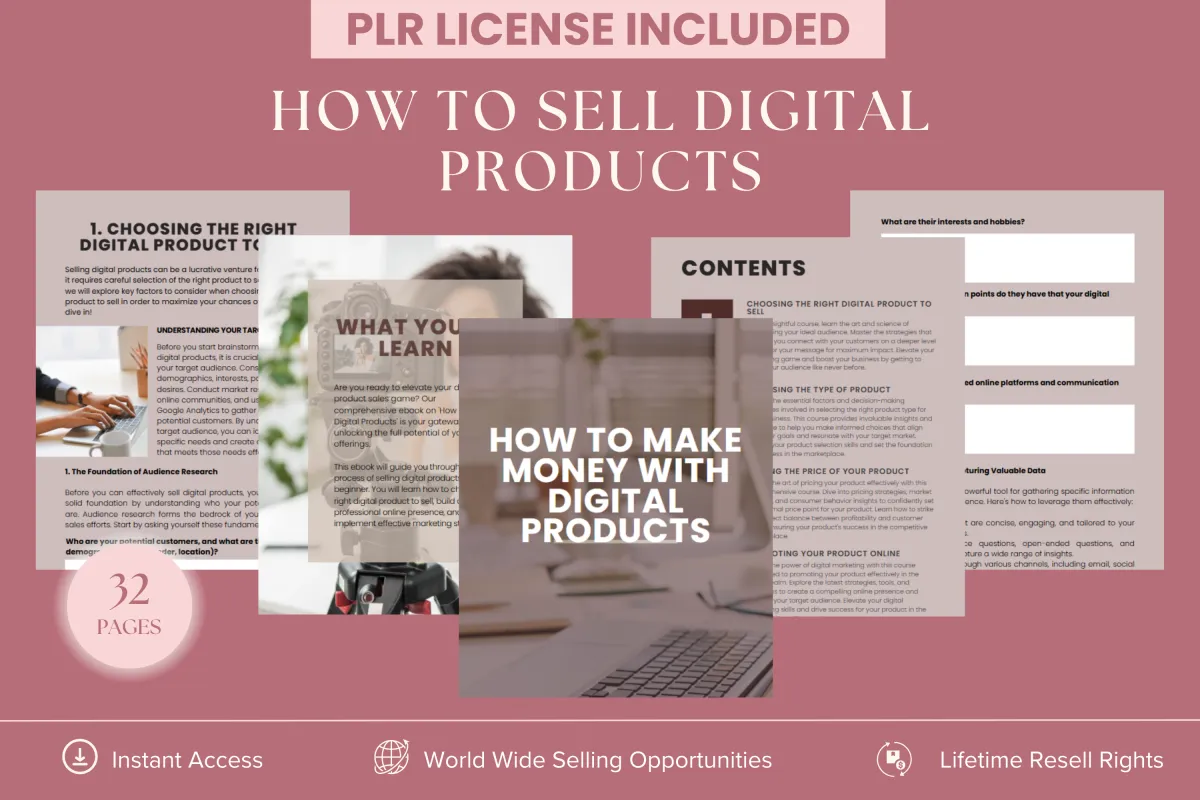 PLR How To Make Money With Digital Products - ebook for digital marketers including choosing the right digital product to sell, choosing the type of product, setting the price of your product, promoting your product online, the process of selling digital products, after sales support and follow up strategy. Instant access with lifetime resell rights.