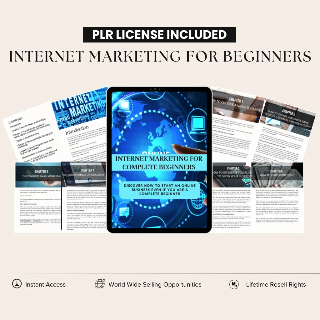 Internet marketing for beginners ebook bundle cover with bonus email swipes, check list and resource sheet featuring expert strategies, instant access, worldwide selling opportunities, and lifetime resell rights.