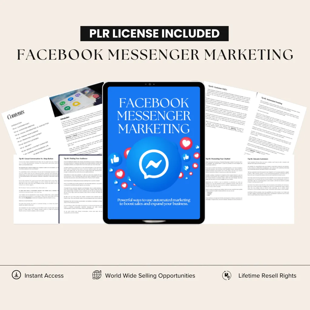 Facebook Messenger Marketing ebook bundle cover with bonus email swipes, featuring expert strategies, instant access, worldwide selling opportunities, and lifetime resell rights.