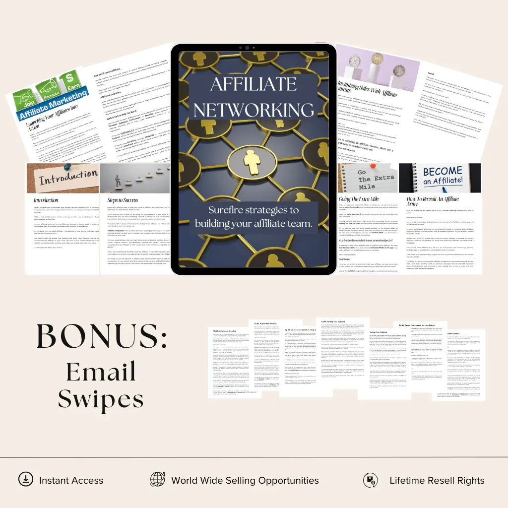 Affiliate Networking guide book cover with bonus email swipes, featuring strategies for building your affiliate team, instant access, worldwide selling opportunities, and lifetime resell rights.
