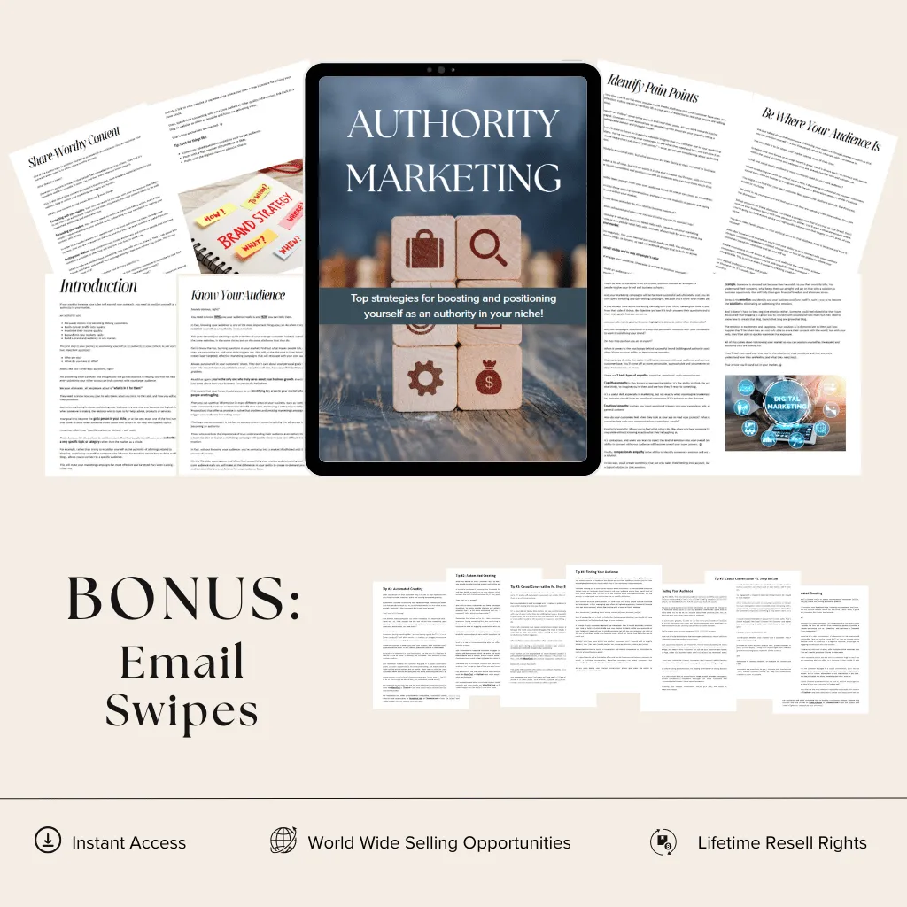 Authority Marketing ebook bundle cover with bonus email swipes, featuring expert strategies, instant access, worldwide selling opportunities, and lifetime resell rights.