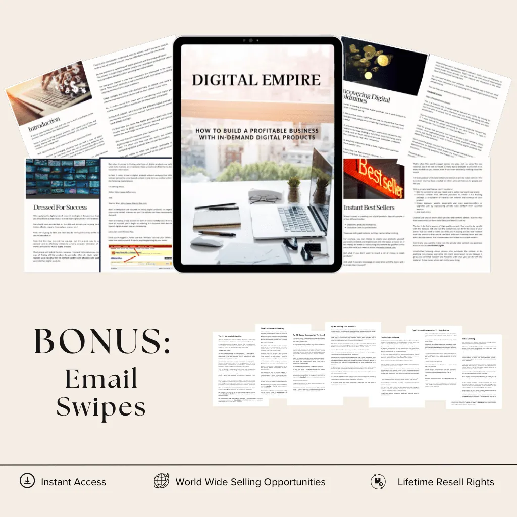Digital Empire ebook bundle cover with bonus email swipes, featuring expert strategies, instant access, worldwide selling opportunities, and lifetime resell rights.