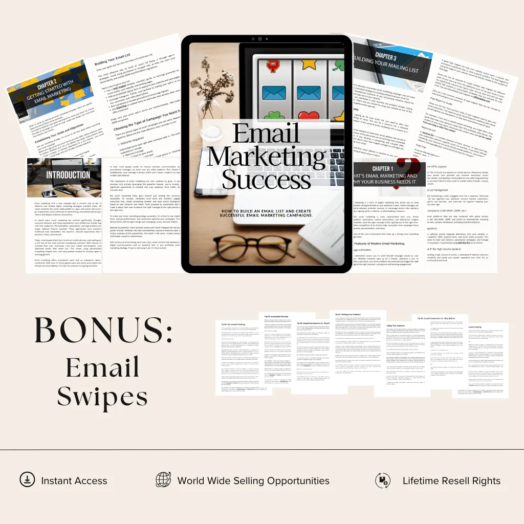 Email Marketing ebook bundle cover with bonus email swipes, featuring expert strategies, instant access, worldwide selling opportunities, and lifetime resell rights.
