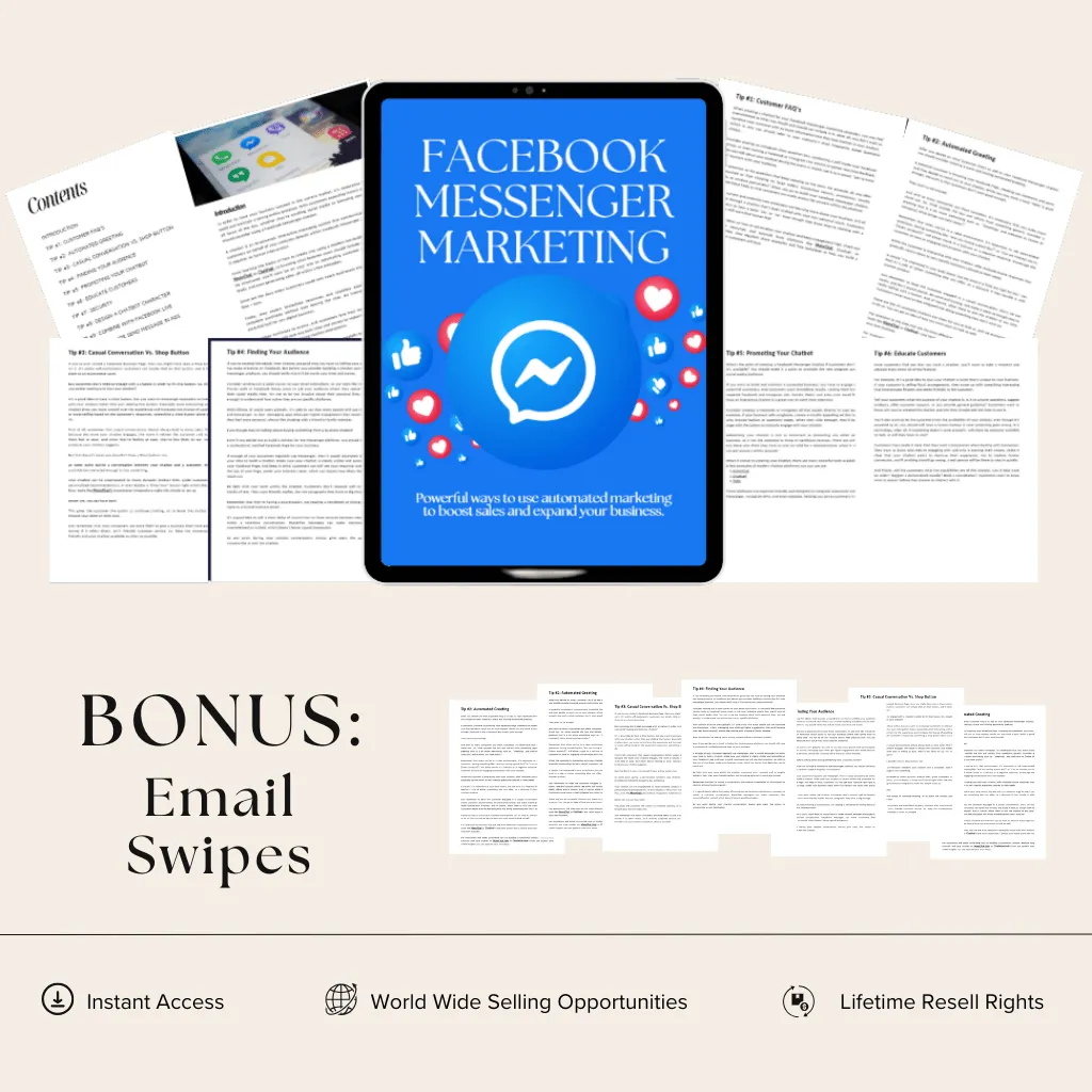 Facebook Messenger Marketing ebook bundle cover with bonus email swipes, featuring expert strategies, instant access, worldwide selling opportunities, and lifetime resell rights.