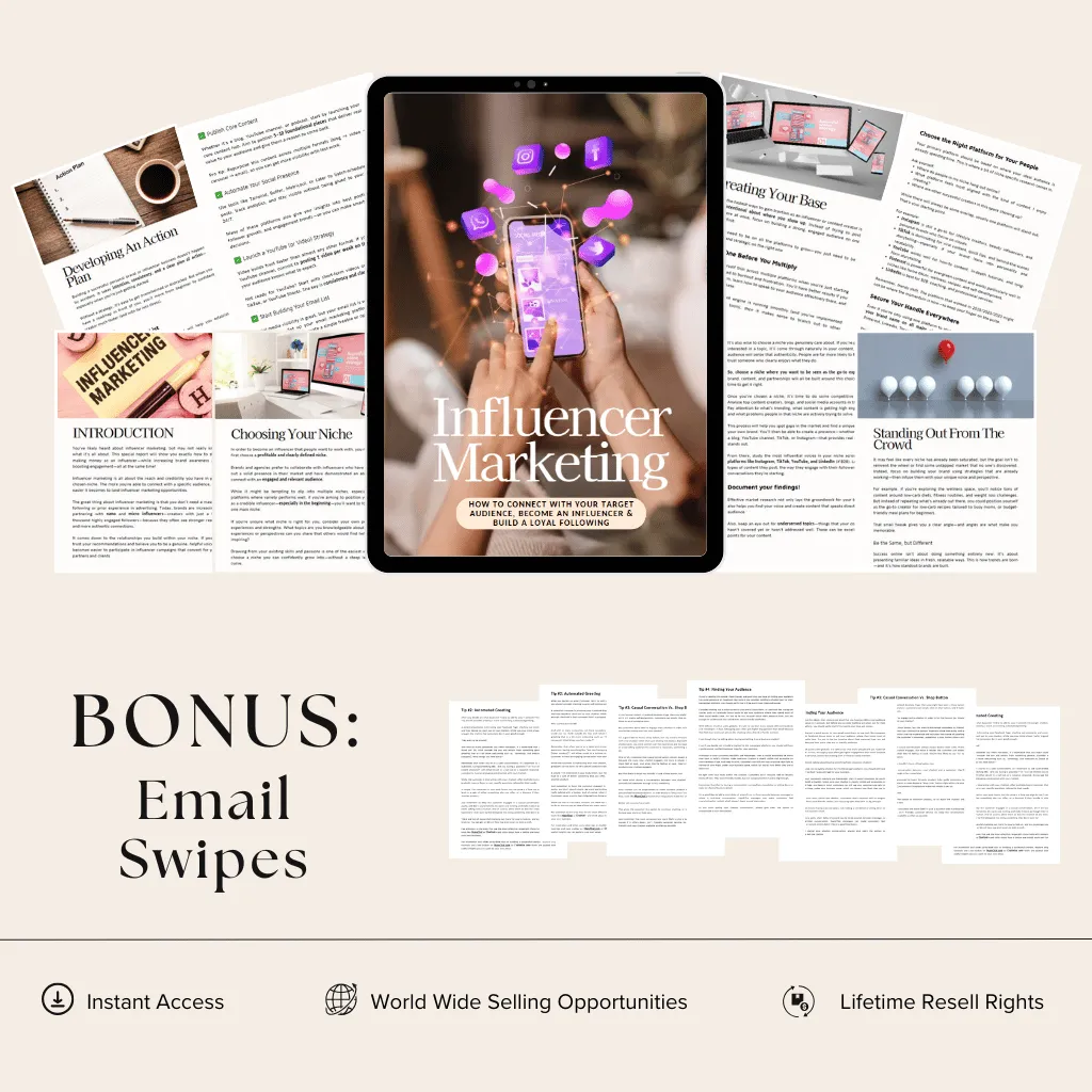 Influencer Marketing guide book cover with bonus email swipes, featuring strategies for building your affiliate team, instant access, worldwide selling opportunities, and lifetime resell rights.