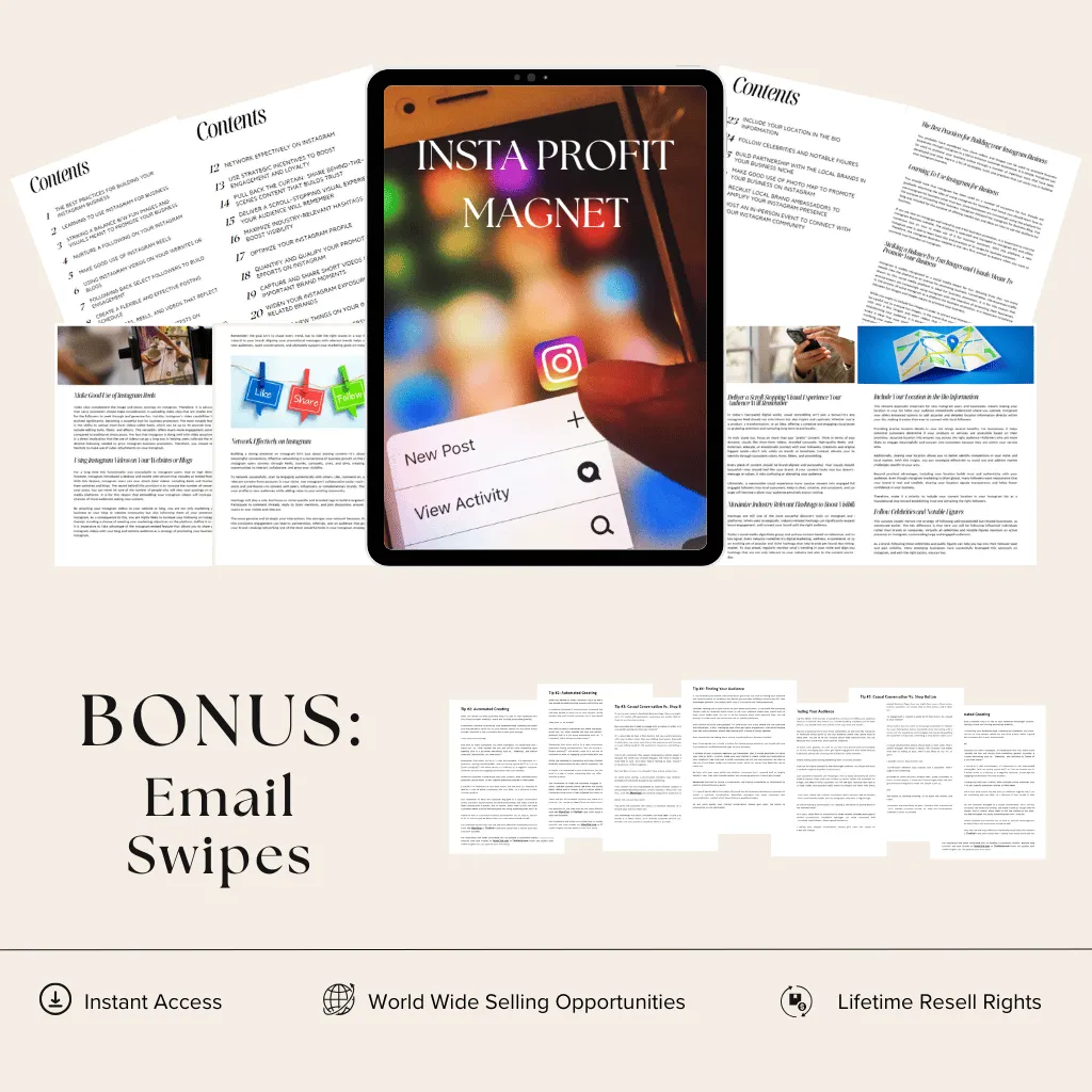 Instagram Profit Magnet ebook bundle cover with bonus email swipes, featuring expert strategies, instant access, worldwide selling opportunities, and lifetime resell rights.