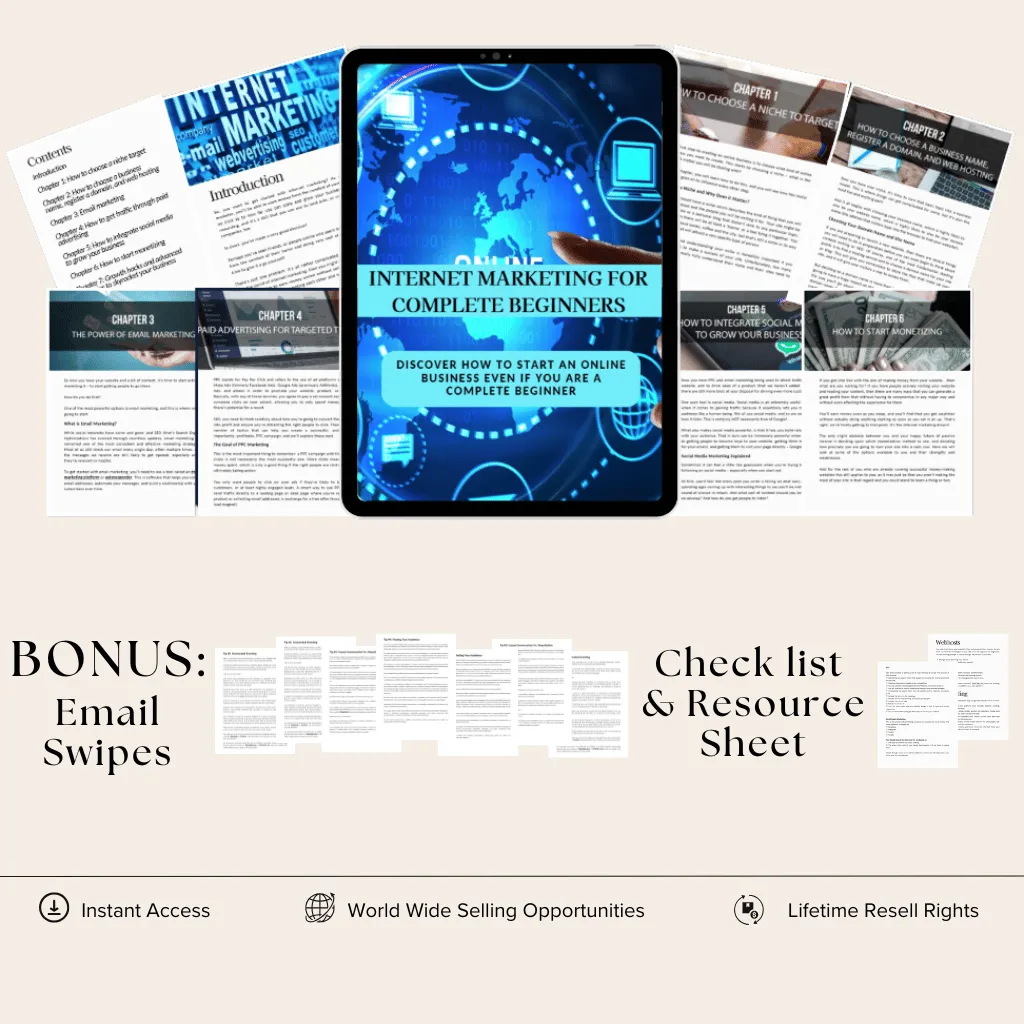 Internet marketing for beginners ebook bundle cover with bonus email swipes, check list and resource sheet featuring expert strategies, instant access, worldwide selling opportunities, and lifetime resell rights.