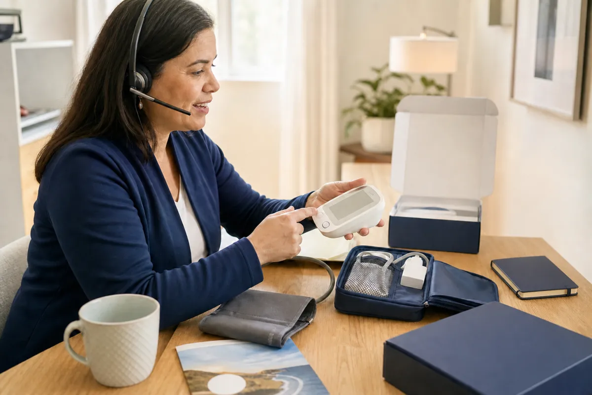 Vital Touch patient-support coordinator preparing a home blood-pressure monitor during a phone call