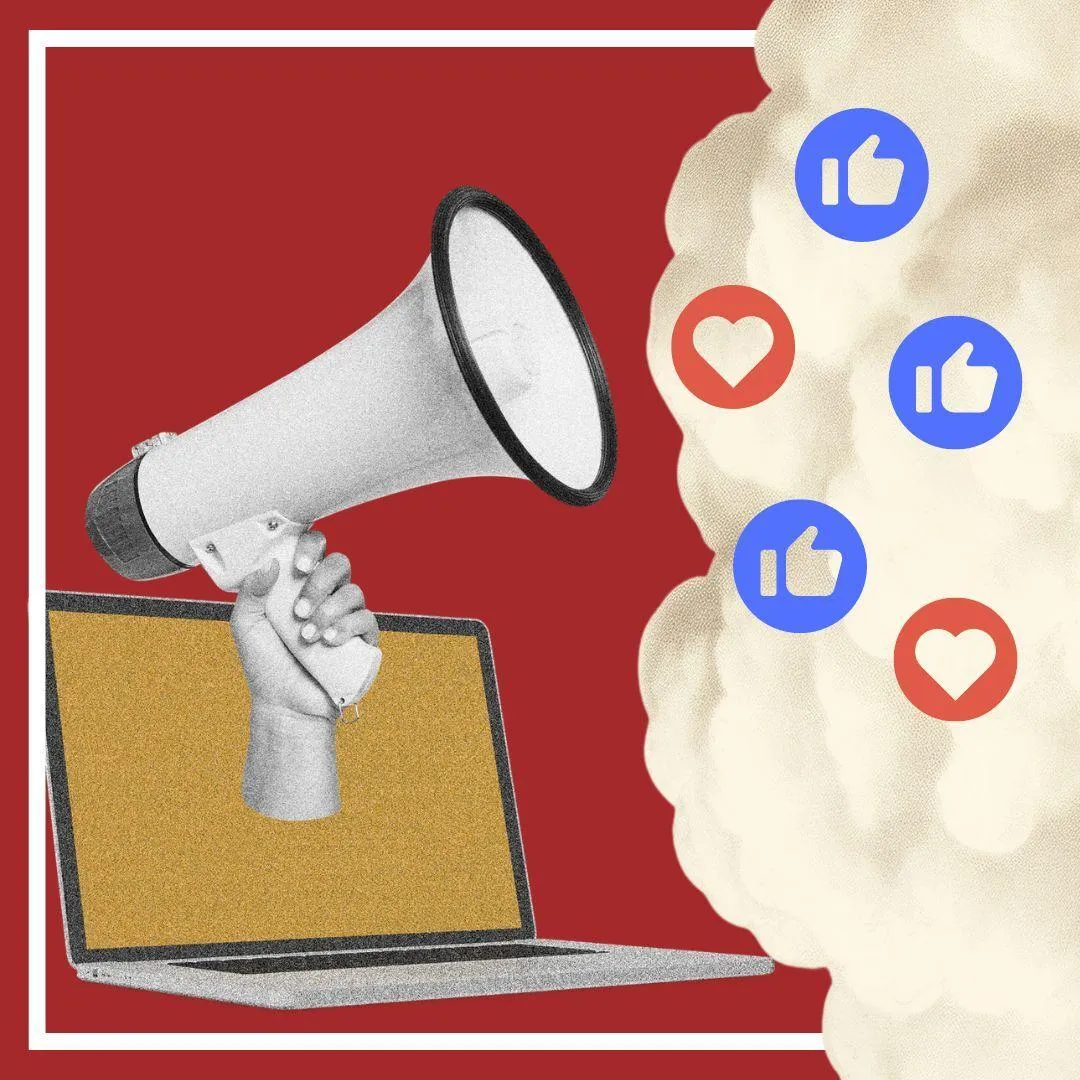 Image of a laptop, microphone &social icons