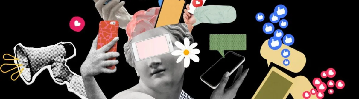 Graphic of a female statue surrounded by phones and social icons