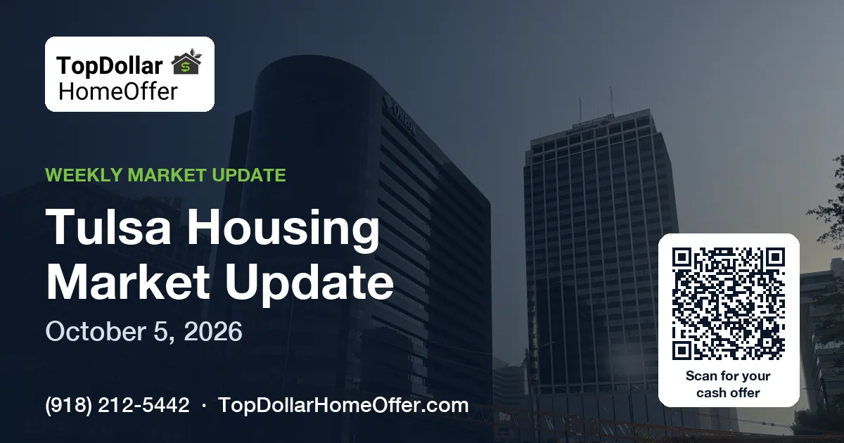 Tulsa Housing Market Update, October 5, 2026 — Top Dollar Home Offer card over the downtown Tulsa skyline with a QR code for a cash offer and (918) 212-5442